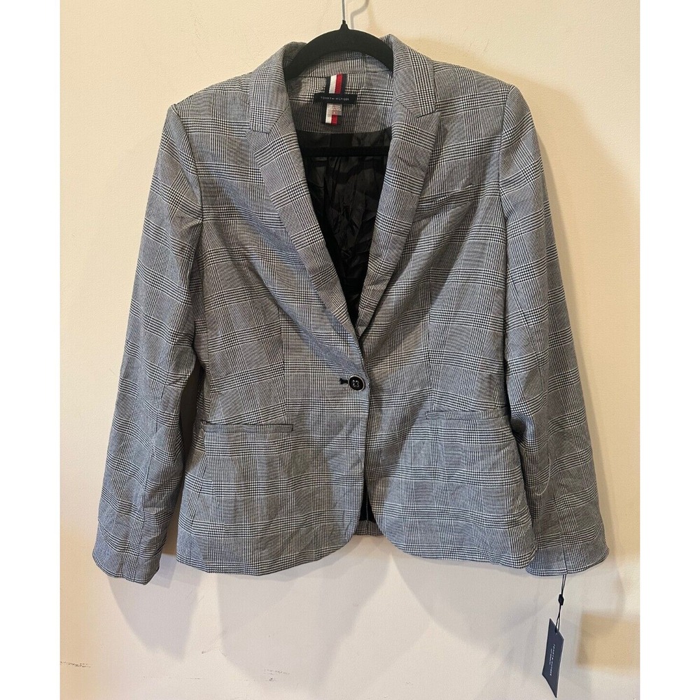 Tommy‎ Hilfiger Classic Plaid Blazer NWT Sz 6 Woven B/W Single Button Americana